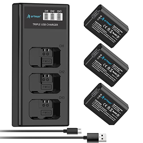 Artman 3-Pack NP-FW50 Battery and Upgraded 3-Slot LCD Charger Compatible with Sony ZV-E10, Alpha A6000 A6300 A6400 A6500 A5000 A5100 A7 A7II A7R A7RII A7S A7SII RX10 II III Camera from Shenzhen Homesuit Technology co;ltd