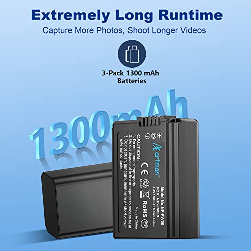 Artman 3-Pack NP-FW50 Battery and Upgraded 3-Slot LCD Charger Compatible with Sony ZV-E10, Alpha A6000 A6300 A6400 A6500 A5000 A5100 A7 A7II A7R A7RII A7S A7SII RX10 II III Camera from Shenzhen Homesuit Technology co;ltd