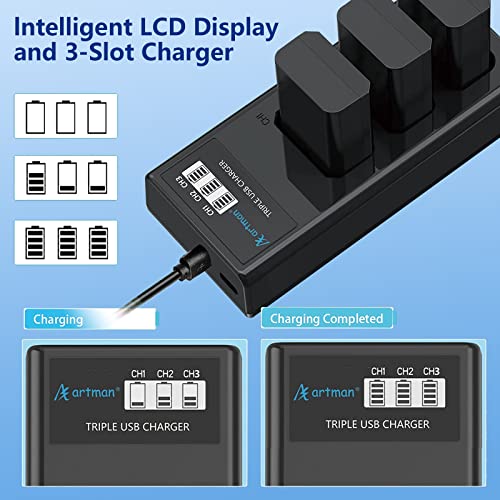 Artman 3-Pack NP-FW50 Battery and Upgraded 3-Slot LCD Charger Compatible with Sony ZV-E10, Alpha A6000 A6300 A6400 A6500 A5000 A5100 A7 A7II A7R A7RII A7S A7SII RX10 II III Camera from Shenzhen Homesuit Technology co;ltd