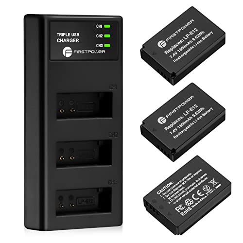 FirstPower LP-E12 Battery 3-Pack and Triple Slot Charger for Canon EOS M50, M50 Mark II, M, M2, M10, M100, M200, Rebel SL1, PowerShot SX70 HS Digital Cameras by FirstPower