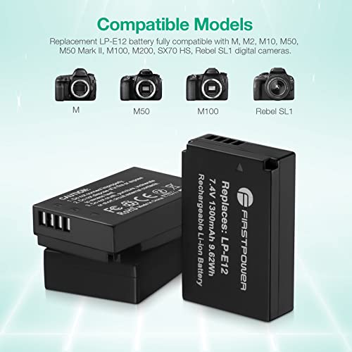 FirstPower LP-E12 Battery 3-Pack and Triple Slot Charger for Canon EOS M50, M50 Mark II, M, M2, M10, M100, M200, Rebel SL1, PowerShot SX70 HS Digital Cameras by FirstPower