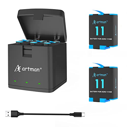 Artman Hero 10/11/9 Batteries 1800mAh(2-Pack)and 3-Channel USB Storage Quick Charger for Gopro Hero 11 Black, Hero 10 Black, Hero 9 Black, Fully Compatible with Gopro Hero 10 11 9 Battery and Charger by Artman