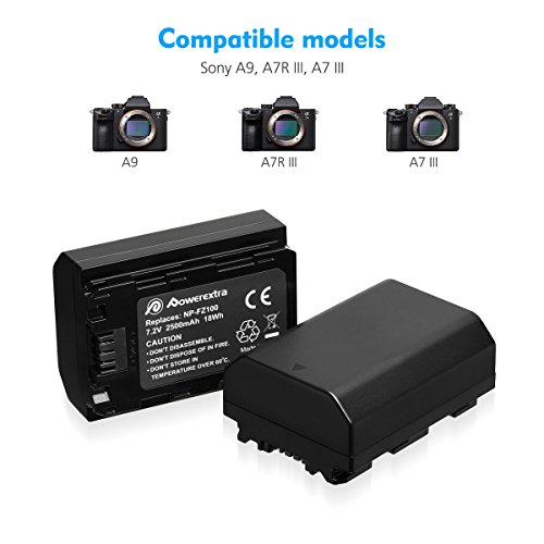 Powerextra Replacement Sony NP-FZ100 Battery and Dual USB Charger for Firmware 2.0 Sony Alpha A7 III, A7R III, A9, Sony Alpha 9, A7R3, a6600, a7R IV, Alpha a9 II, Alpha 9R, A9R, Alpha 9S Camera by Powerextra