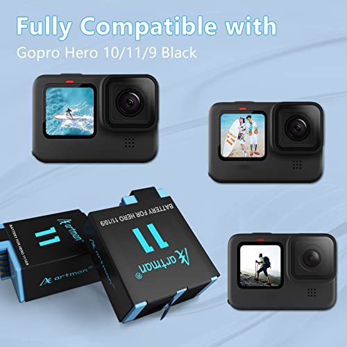 Artman Hero 10/11/9 Batteries 1800mAh(2-Pack)and 3-Channel USB Storage Quick Charger for Gopro Hero 11 Black, Hero 10 Black, Hero 9 Black, Fully Compatible with Gopro Hero 10 11 9 Battery and Charger by Artman