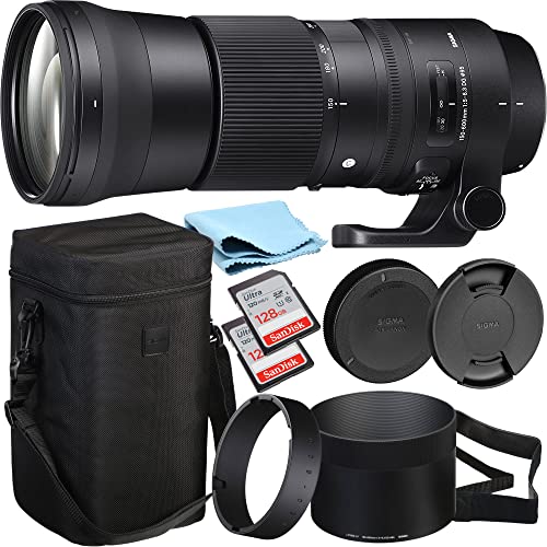 Sigma 150-600mm Canon Zoom Telephoto Lens F/5-6.3 DG OS HSM Bundle with Sigma Lens for Canon, Front and Rear Caps, Lens Hood, Lens Case, 2X 128GB SanDisk Memory Cards (7 Items) - Sigma 150 600 Lens from SIGMA