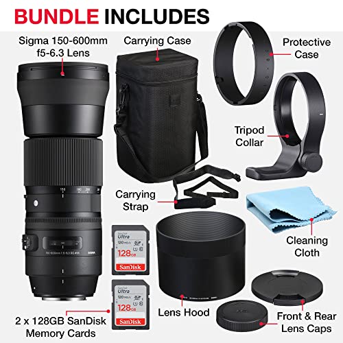 Sigma 150-600mm Canon Zoom Telephoto Lens F/5-6.3 DG OS HSM Bundle with Sigma Lens for Canon, Front and Rear Caps, Lens Hood, Lens Case, 2X 128GB SanDisk Memory Cards (7 Items) - Sigma 150 600 Lens from SIGMA