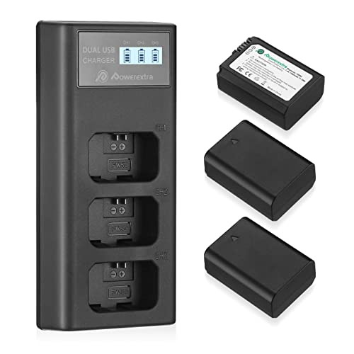 Powerextra NP-FW50 Rechargeable Battery Charger Set for Sony ZV-E10 A6000 A6500 A6300 A7 A7II A7SII A7S A7S2 A7R A7R2 A7RII A55 A510 RX10 RX10II (3 Pack Batteries and 3 Channel Charger LCD Display) from Powerextra