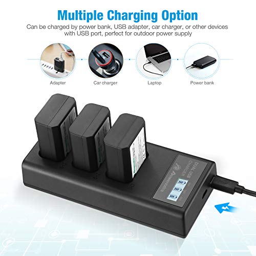 Powerextra NP-FW50 Rechargeable Battery Charger Set for Sony ZV-E10 A6000 A6500 A6300 A7 A7II A7SII A7S A7S2 A7R A7R2 A7RII A55 A510 RX10 RX10II (3 Pack Batteries and 3 Channel Charger LCD Display) from Powerextra