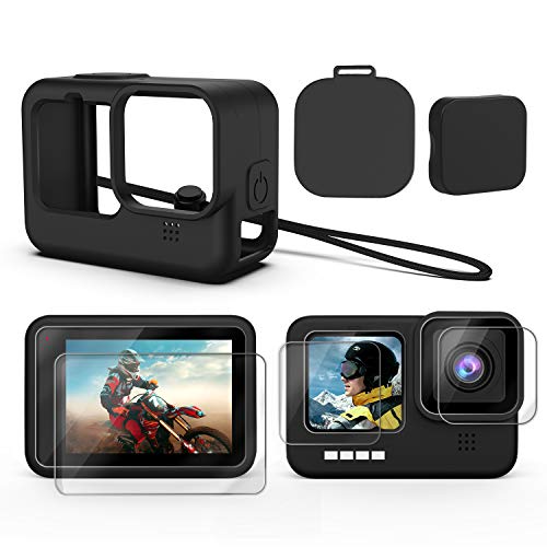 Kuptone Accessories Kit for GoPro Hero 11 Hero 10 Hero 9, Silicone Sleeve Protective Case with Rubber Cap + 6Pcs Tempered Glass Screen Protector with Lens Cover Cap for GoPro 11 GoPro 10 GoPro 9 Black from Kuptone
