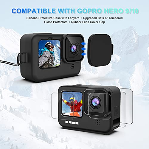 Kuptone Accessories Kit for GoPro Hero 11 Hero 10 Hero 9, Silicone Sleeve Protective Case with Rubber Cap + 6Pcs Tempered Glass Screen Protector with Lens Cover Cap for GoPro 11 GoPro 10 GoPro 9 Black from Kuptone