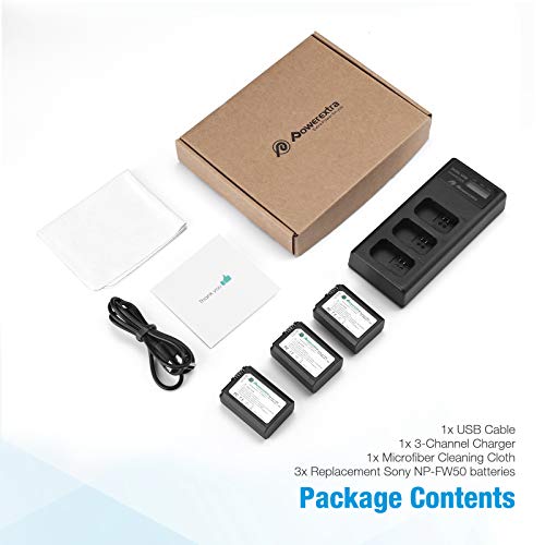 Powerextra NP-FW50 Rechargeable Battery Charger Set for Sony ZV-E10 A6000 A6500 A6300 A7 A7II A7SII A7S A7S2 A7R A7R2 A7RII A55 A510 RX10 RX10II (3 Pack Batteries and 3 Channel Charger LCD Display) from Powerextra