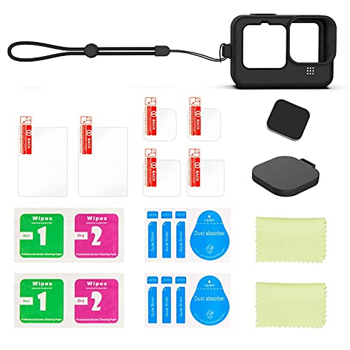 Kuptone Accessories Kit for GoPro Hero 11 Hero 10 Hero 9, Silicone Sleeve Protective Case with Rubber Cap + 6Pcs Tempered Glass Screen Protector with Lens Cover Cap for GoPro 11 GoPro 10 GoPro 9 Black from Kuptone