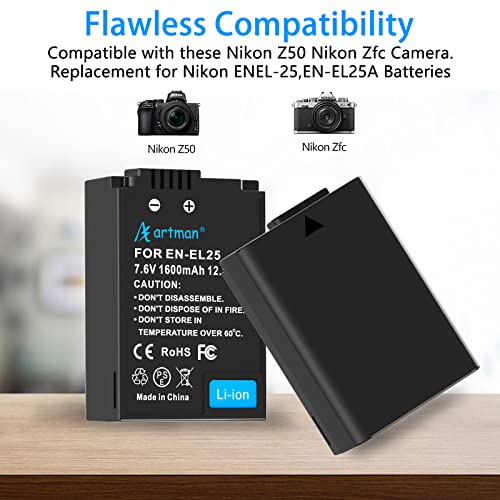 Artman EN-EL25 EN-EL25A Battery 2-Pack and LCD USB Dual Charger for Nikon Z50, Z FC, Z 50 Digital Cameras, Compatible with Nikon EN-EL25 ENEL25 EN-EL25a 4241 Battery, Nikon MH-32 Charger (1600mAh) by Artman