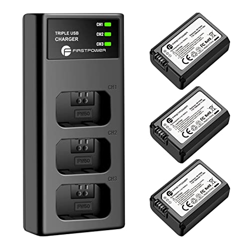 FirstPower NP-FW50 Battery 3-Pack and Triple Slot Charger for Sony A6000 A6300 A6400 A6500 A7 A7II A7RII A7SII A7S A7S2 A7R A7R2 A5100 A5000 RX10 RX10II from FirstPower