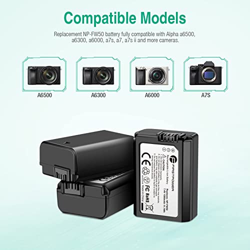 FirstPower NP-FW50 Battery 3-Pack and Triple Slot Charger for Sony A6000 A6300 A6400 A6500 A7 A7II A7RII A7SII A7S A7S2 A7R A7R2 A5100 A5000 RX10 RX10II from FirstPower