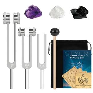 Healing Tuning Forks Set with Mallet and Crystals