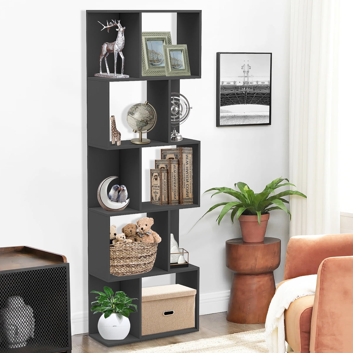 Vintage 5-Tier Geometric Wooden Bookshelf Unit