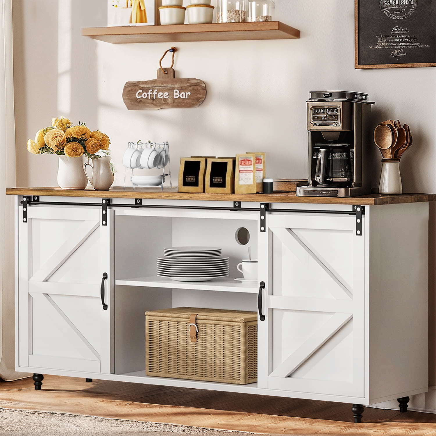 Farmhouse Coffee Bar Cabinet with Adjustable Shelves