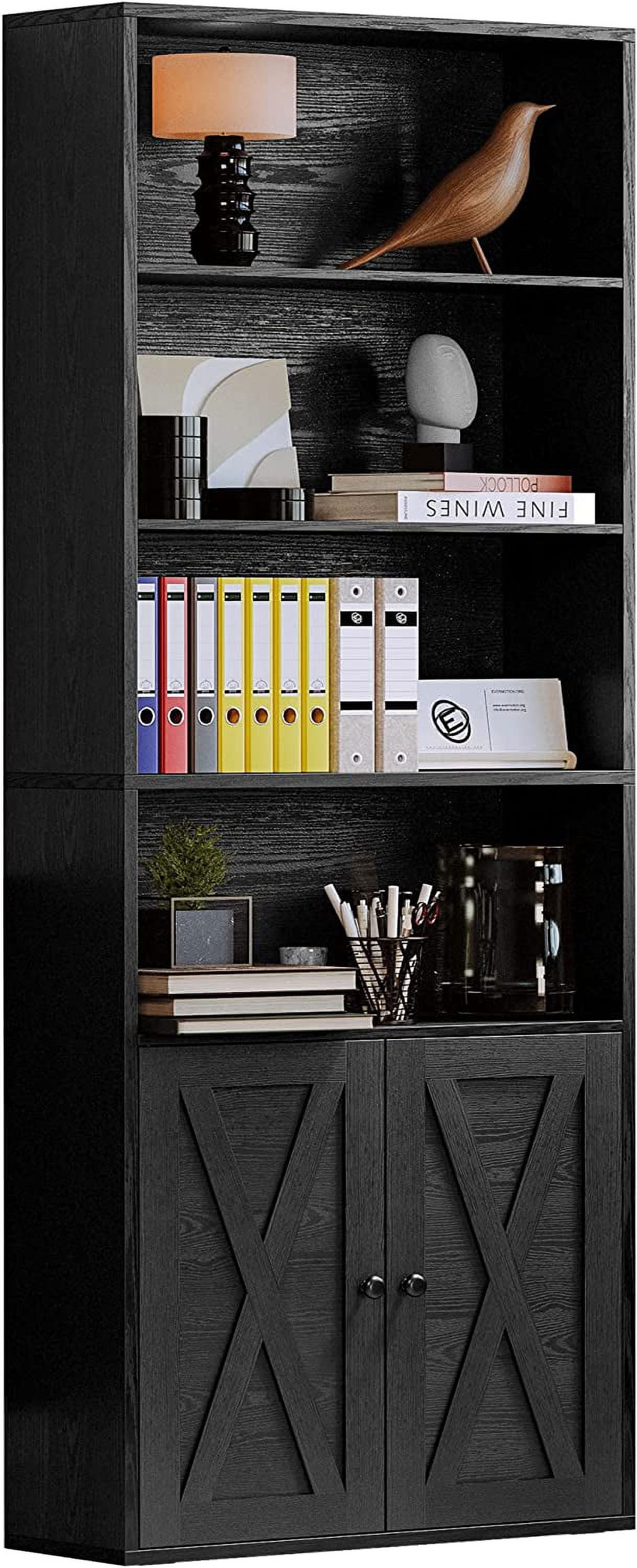 Tall Black Industrial Bookshelves with Doors, 6 Shelves