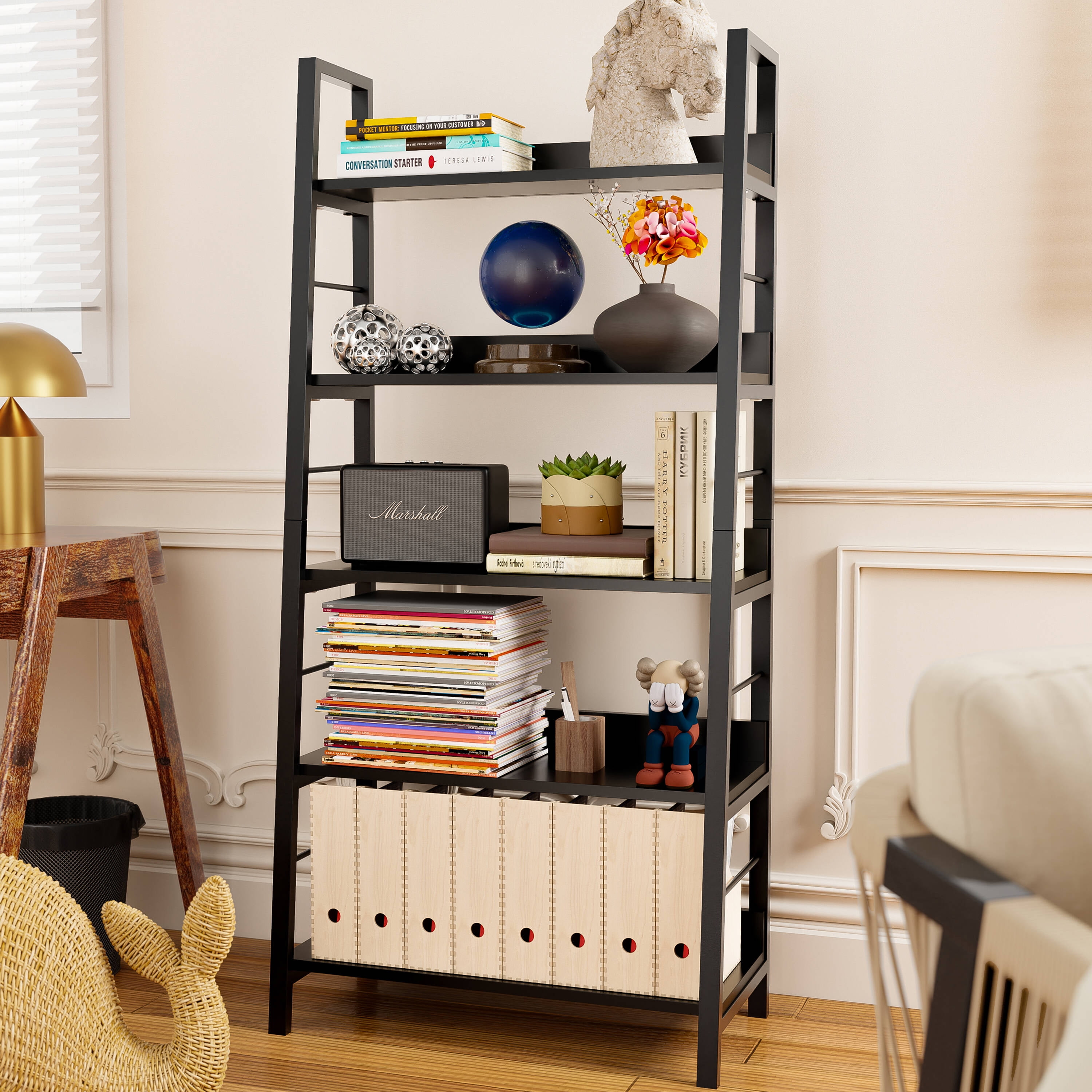 Black 5-Tier Ladder Bookshelf for Home Office