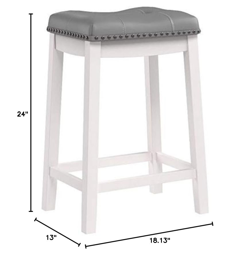Set of 2 White Bar Stools with Gray Cushions