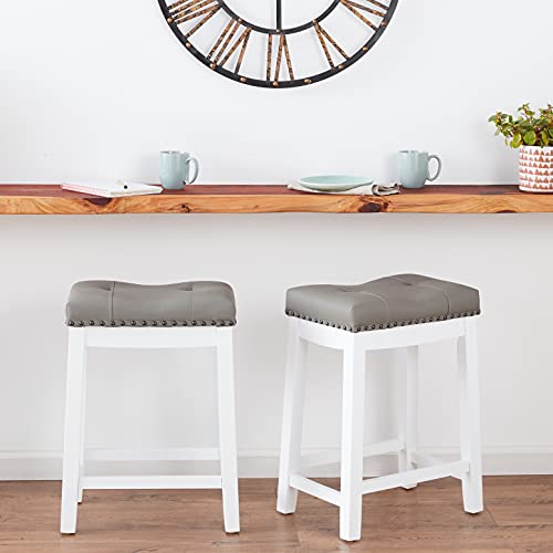 Set of 2 White Bar Stools with Gray Cushions