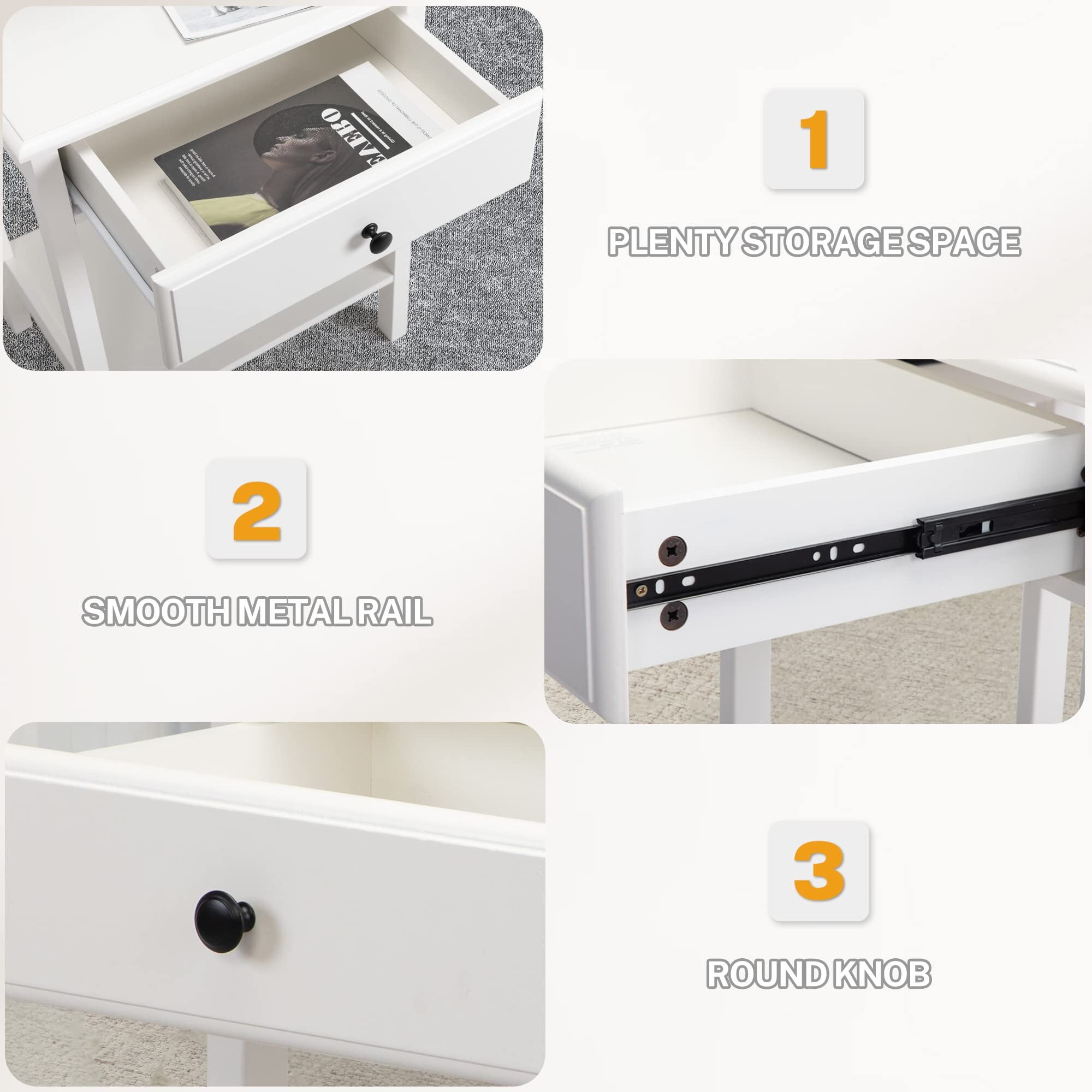 Modern White End Table Set of 2 with Drawers