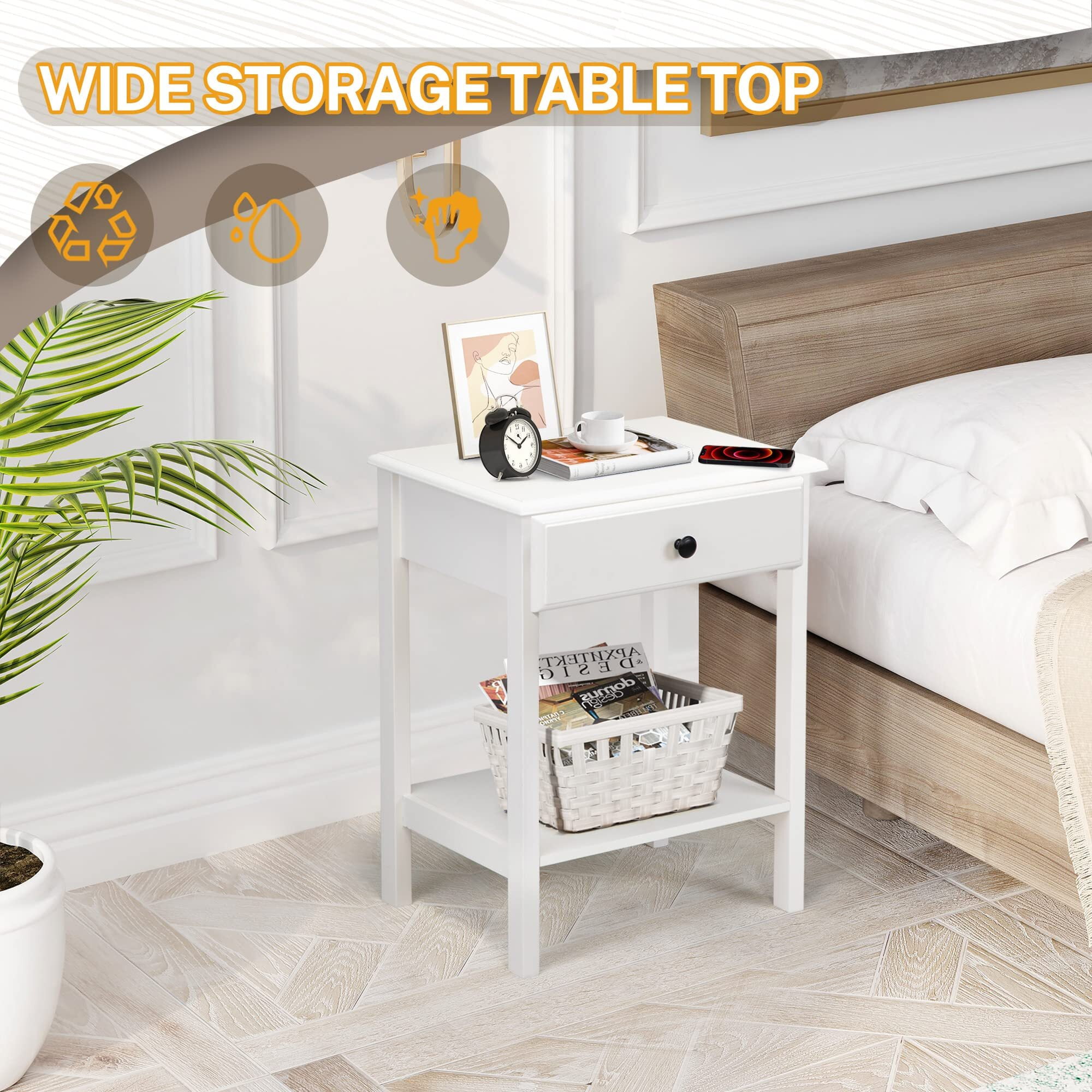 Modern White End Table Set of 2 with Drawers