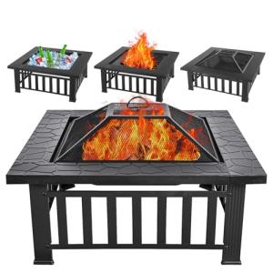 32" Square Metal Fire Pit Table for Outdoors