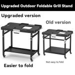 SafBbcue Grill Table for Ninja, Grill Stand for Ninja Woodfire OG700 OG800 OG900 Series & OO101, Portable Outdoor Grill Stand, Foldable Cart Table with Wheels for Ninja, Double-shelf, Hooks