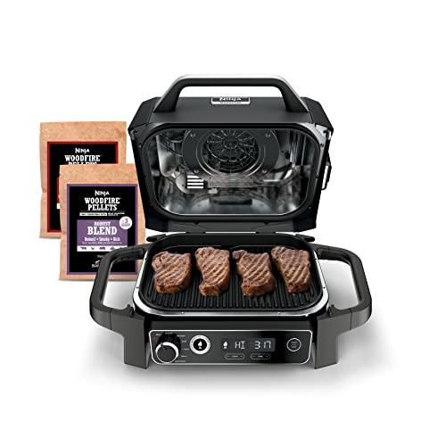Ninja | Woodfire Series | 7-in-1 (Grill, BBQ, Roast, Air Fry, Dehydrate, Broil, Smoke) | Portable & Weather Resistant | Cook Up To 6 Steaks & 30 Hot Dogs | Woodfire Pellets included | OG701