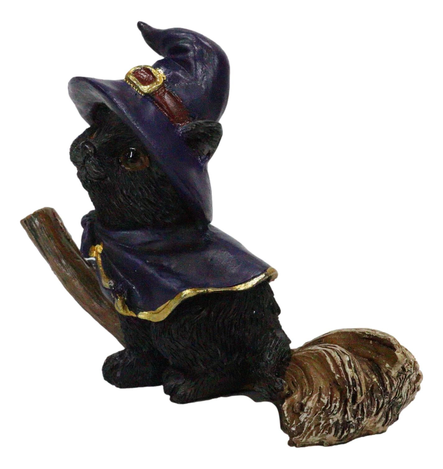 Black Cat in Witch Hat on Broomstick Figurine