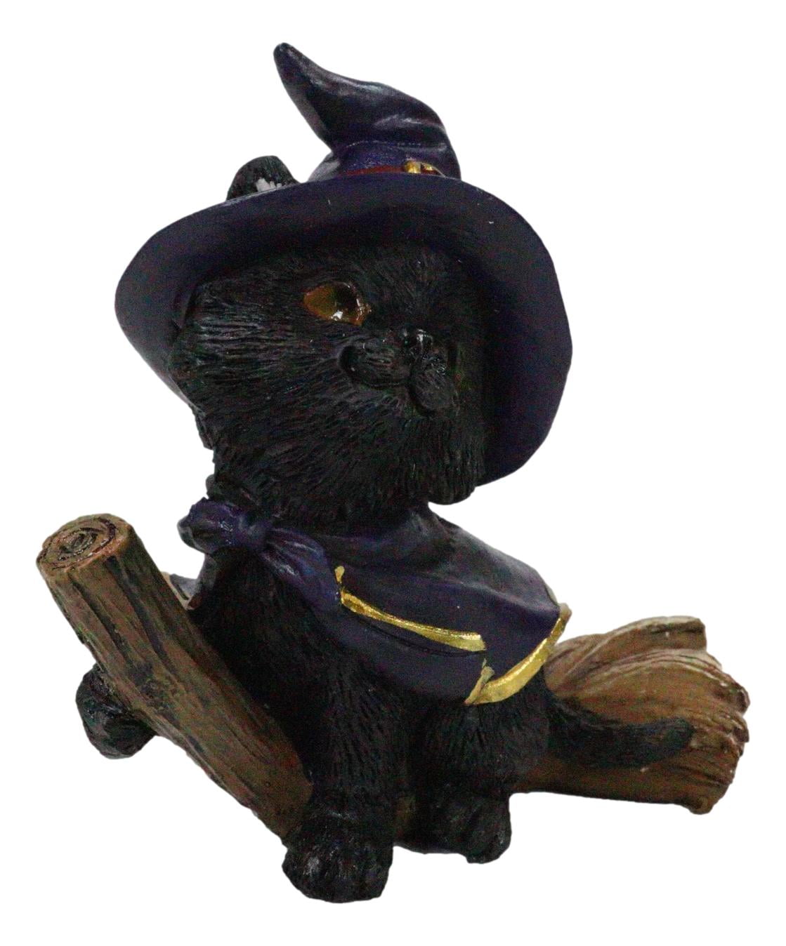 Black Cat in Witch Hat on Broomstick Figurine