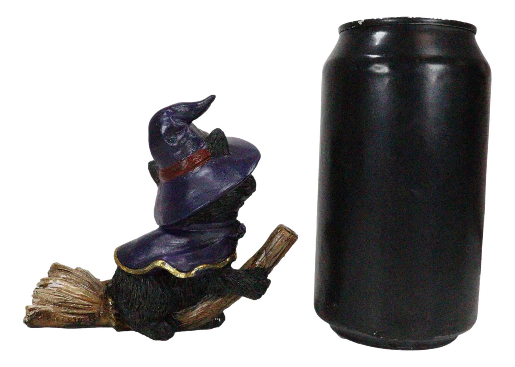 Black Cat in Witch Hat on Broomstick Figurine