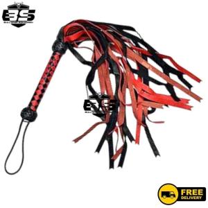 Red & Black Leather BDSM Flogger with Wooden Handle