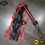 Red & Black Leather BDSM Flogger with Wooden Handle