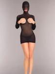 Black Hooded Open Cup Mesh Mini Dress
