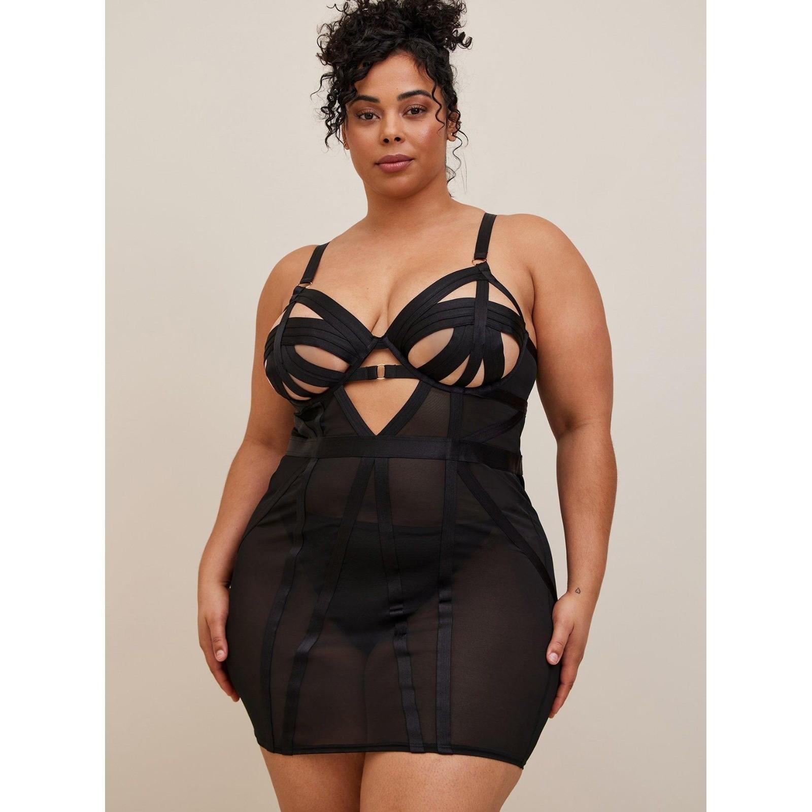 Cut Out Strappy Chemise in Rich Black 3X