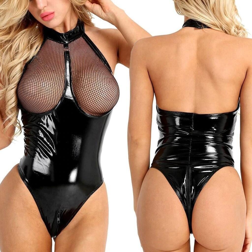 Leather Mesh Zipper Bodysuit for Dominatrix Play