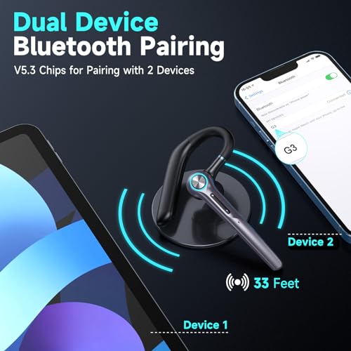 Eumspo Headset Wireless Earpiece 60Hrs Playback Built-in Dual Mic Noise Canceling Wireless Headset Earphone with 400mAh LED Charging Case for Business Office Trucker by Eumspo
