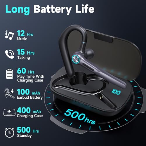 Eumspo Headset Wireless Earpiece 60Hrs Playback Built-in Dual Mic Noise Canceling Wireless Headset Earphone with 400mAh LED Charging Case for Business Office Trucker by Eumspo
