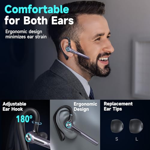 Eumspo Headset Wireless Earpiece 60Hrs Playback Built-in Dual Mic Noise Canceling Wireless Headset Earphone with 400mAh LED Charging Case for Business Office Trucker by Eumspo