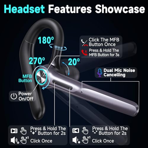 Eumspo Headset Wireless Earpiece 60Hrs Playback Built-in Dual Mic Noise Canceling Wireless Headset Earphone with 400mAh LED Charging Case for Business Office Trucker by Eumspo