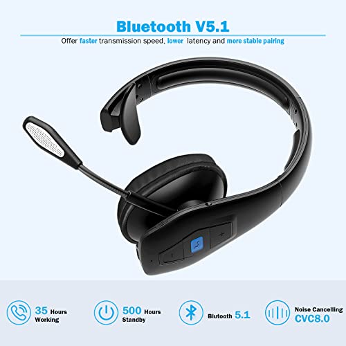 Conambo Noise Cancelling Bluetooth Headset V5.1, 35Hrs HD Talktime CVC8.0 Dual Mic Hands-Free Wireless Headset, Bluetooth Headphones with Mute Button for Cell Phones Business Home Office Trucker by Conambo