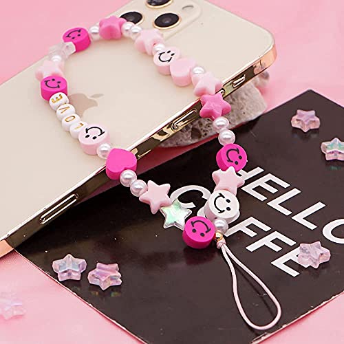 Beaded Phone Lanyard Wrist Strap Smiley Face Beaded Handmade Colorful Polymer Clay Acrylic Beads Pearl Phone Charm Strap for Women Grils from lustember