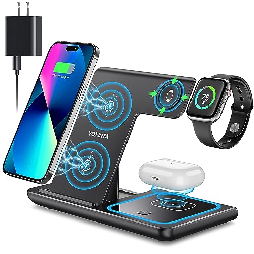 Wireless Charger, 3 in 1 Wireless Charging Station, Fast Wireless Charger Stand for iPhone 14/13/12/11/Pro/Max/XS/XR/X/8/Plus, for Apple Watch 7/6/5/4/3/2/SE, for AirPods 3/2/Pro(Black) from YOXINTA