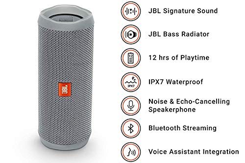 JBL Flip 4, Gray - Waterproof, Portable & Durable Bluetooth Speaker - Up to 12 Hours of Wireless Streaming - Includes Noise-Cancelling Speakerphone, Voice Assistant & JBL Connect+ from Harman Kardon
