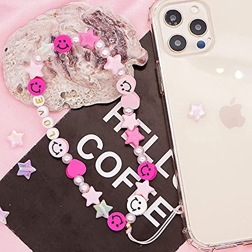 Beaded Phone Lanyard Wrist Strap Smiley Face Beaded Handmade Colorful Polymer Clay Acrylic Beads Pearl Phone Charm Strap for Women Grils from lustember