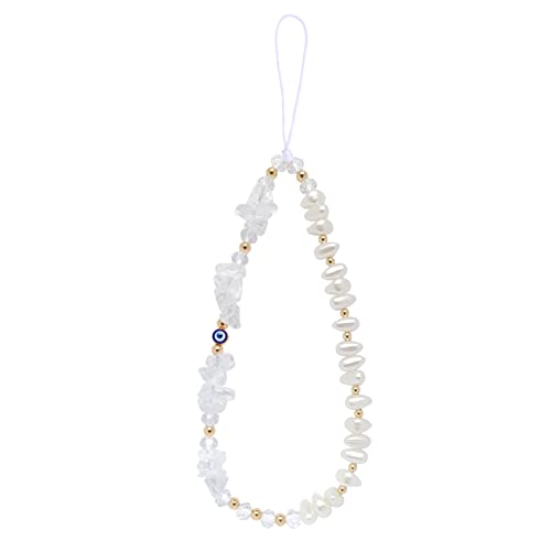DLYFNVEV White Phone Charm Clear Quartz Evil Eye Pearl Beaded Phone Charms Strap Healing Crystal Cell Phone Accessories Charm Keychain Phone Chain Case Wrist Lanyard String Bracelet Strap Wristlet by 