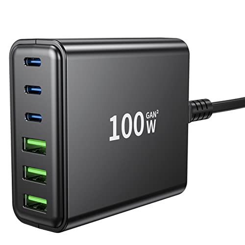 Fast Charger, Sacrack 100W GaN Compact 6 Port Charging Station, Portable Wall Charger Adapter 3 USB C and 3 QC USB A for All iPad iPhone 14 13 12 11 Pro Max Pixel Note Galaxy by QUANSHENGDA